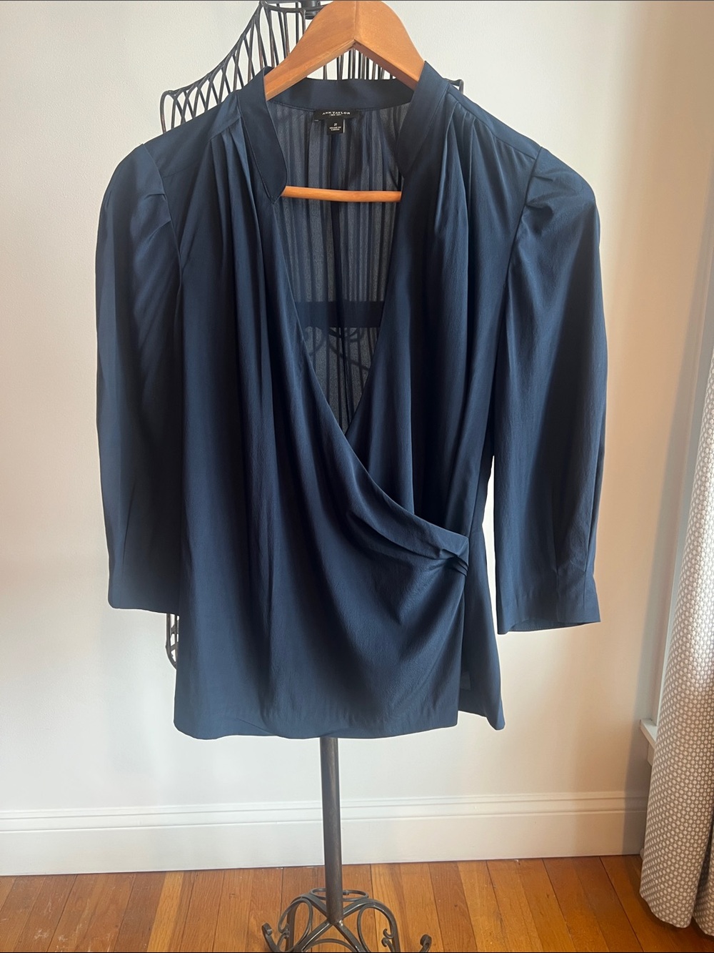 Ann Taylor Deep Navy Draped Wrap Blouse